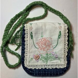 Handmade/Upcycled Denim Crossbody Purse, Embroidered, Lined, Blue/Cream